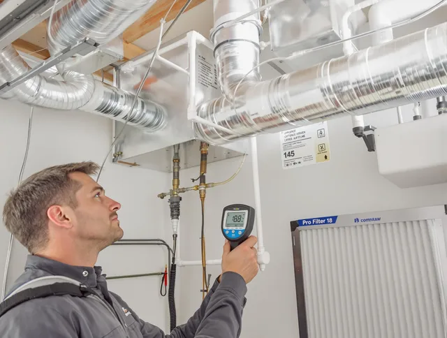 Wayland Air Duct Cleaning expert conducting detailed filter system inspection using diagnostic tools in Wayland